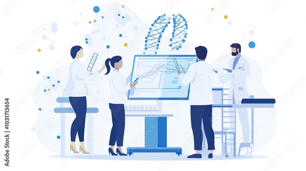 Poster a team of bioengineers analyzing genetic data, developing solutions in biotechnology and regenerativ