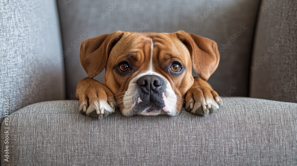 Wall mural A close-up of a dog resting its head on a couch, looking curiously at the camera.