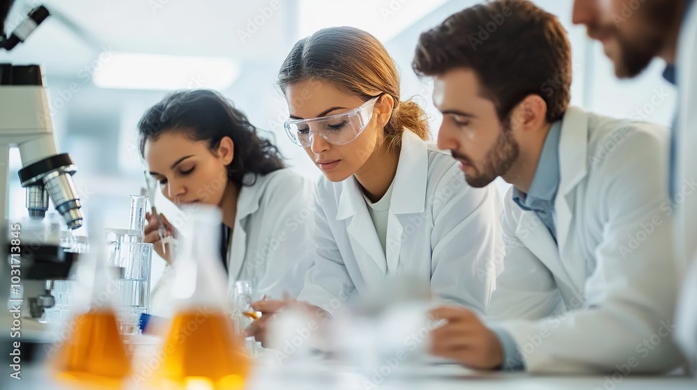 Poster a team of bioengineers analyzing genetic data, developing solutions in biotechnology and regenerativ