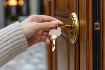 Woman holding key and opening hotel room or apartment door, entering home, Generative AI