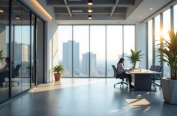 Fototapeta premium Beautiful blurred background of a light modern office interior with panoramic windows and beautiful lighting.