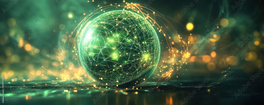 Poster futuristic digital sphere with neon lights and glowing neural network patterns