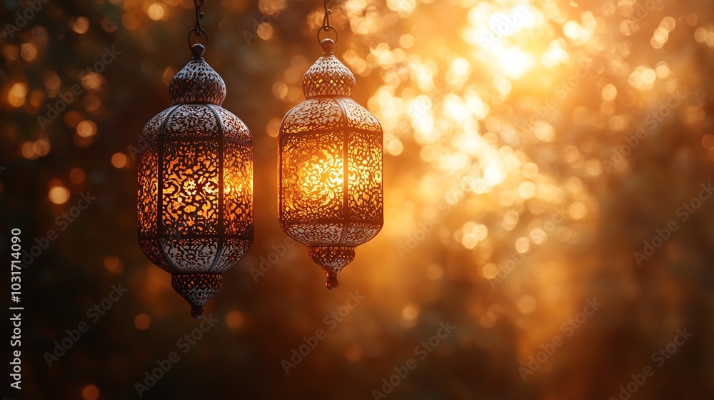 Poster rich arabian background luxurious white and gold lanterns hanging on the left casting intricate shad