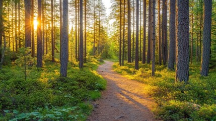 Obraz premium A serene forest path illuminated by sunlight, inviting exploration and tranquility.
