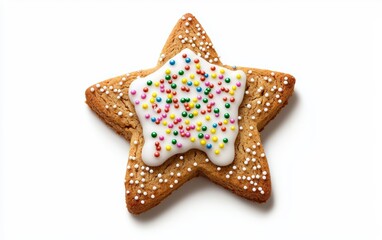 A gingerbread star cookie decorated with icing and sprinkles, isolated against a clean white background