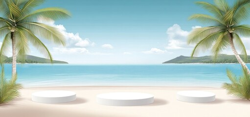 A serene beach scene with circular platforms and palm trees, ideal for events or presentations.