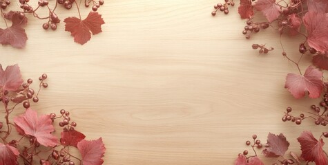 A wooden surface framed by red leaves and berries, creating a natural aesthetic.