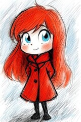  A red-haired girl is depicted, her blue eyes contrasting with her scarlet attire She wears a red coat, which is draped over her shoulders