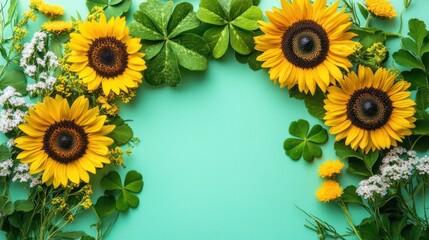 A vibrant arrangement of sunflowers and greenery on a mint background.