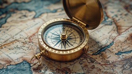 Old compass lying on a vintage map showing the way to new adventures