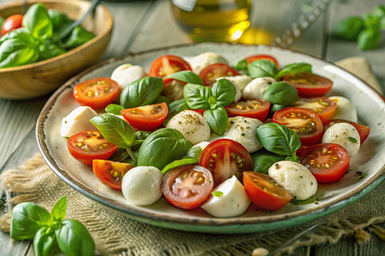 Italian caprese salad with cherry tomatoes, mozzarella cheese, and basil on a white wooden background. Vegetable salad with cheese, tomatoes, onion and mint