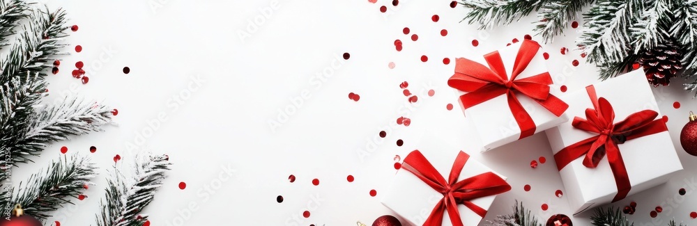 Wall mural Christmas gift boxes with red ribbons, fir branches, and confetti on white background. Festive design. Banner.