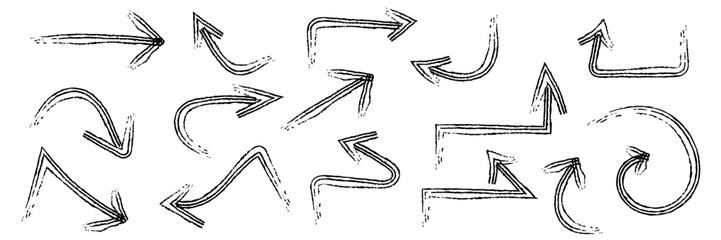 Obraz premium A set of arrows drawn by hand with brushes. Grunge-style vector arrows.