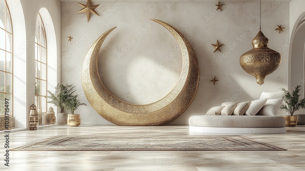 Poster Sleek Eid Mubarak greeting frame a minimalistic background design with golden crescent moon and stars subtly framing the template creating a modern yet traditional festive atmosphere