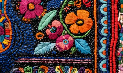 Intricate floral embroidery with colorful threads and beads.