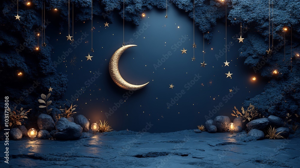 Poster sleek eid mubarak greeting frame a minimalistic background design with golden crescent moon and star