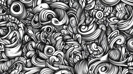 Abstract Black and White Swirling Pattern with Geometric Shapes