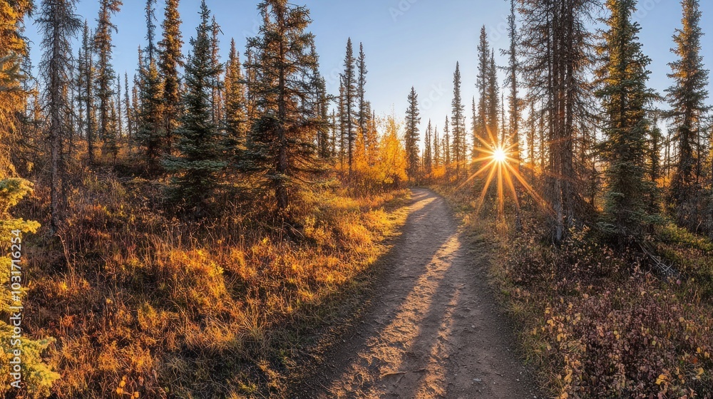 Wall mural A serene forest path illuminated by sunset, showcasing autumn colors and tranquil nature.