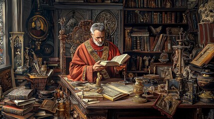 Saint Anselm is illustrated in a scholarly setting, immersed in ancient writings and symbolic relics that reflect his theological impact.