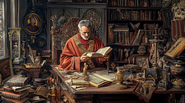 Saint Anselm is illustrated in a scholarly setting, immersed in ancient writings and symbolic relics that reflect his theological impact.