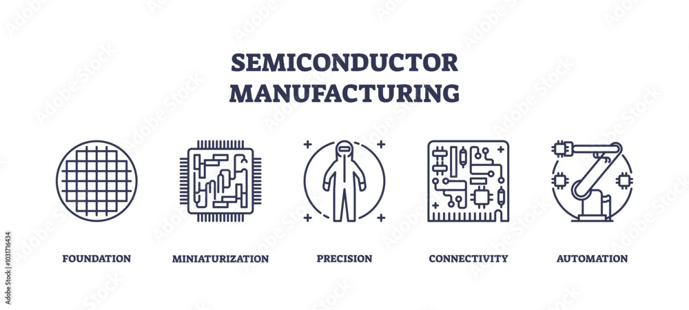 Poster semiconductor manufacturing involves precision, miniaturization, and automation. key objects, wafer,