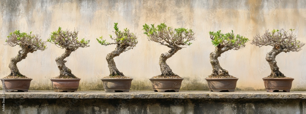 Poster Uniformly shaped bonsai trees arranged in elegant pots, showcasing meticulous pruning and harmonious design, creating a serene botanical display