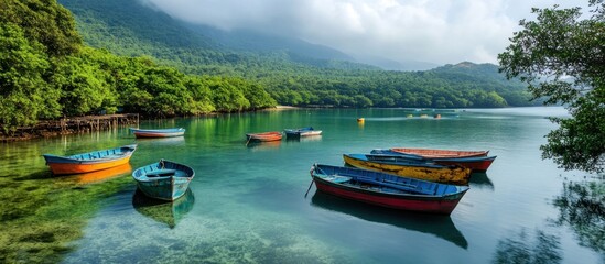 Fototapeta premium Colorful boats are moored in a peaceful lagoon surrounded by lush green hills and a clear blue sky.