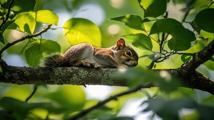 A squirrel resting on a tree branch surrounded by green leaves in a serene environment.