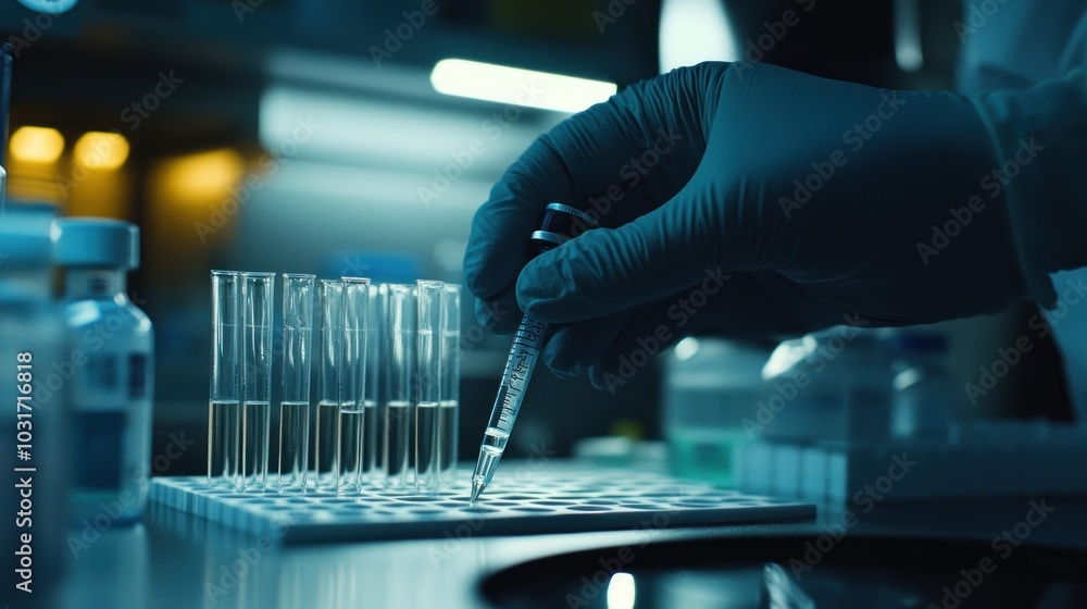 Poster gloved hand holding a pipette over a rack of test tubes in a laboratory setting