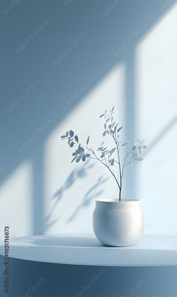 Poster 12. a minimalistic display table on a soft blue background