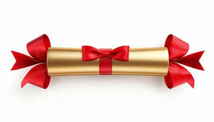 A realistic Christmas cracker wrapped in gold paper, tied with red ribbon at both ends, isolated on white