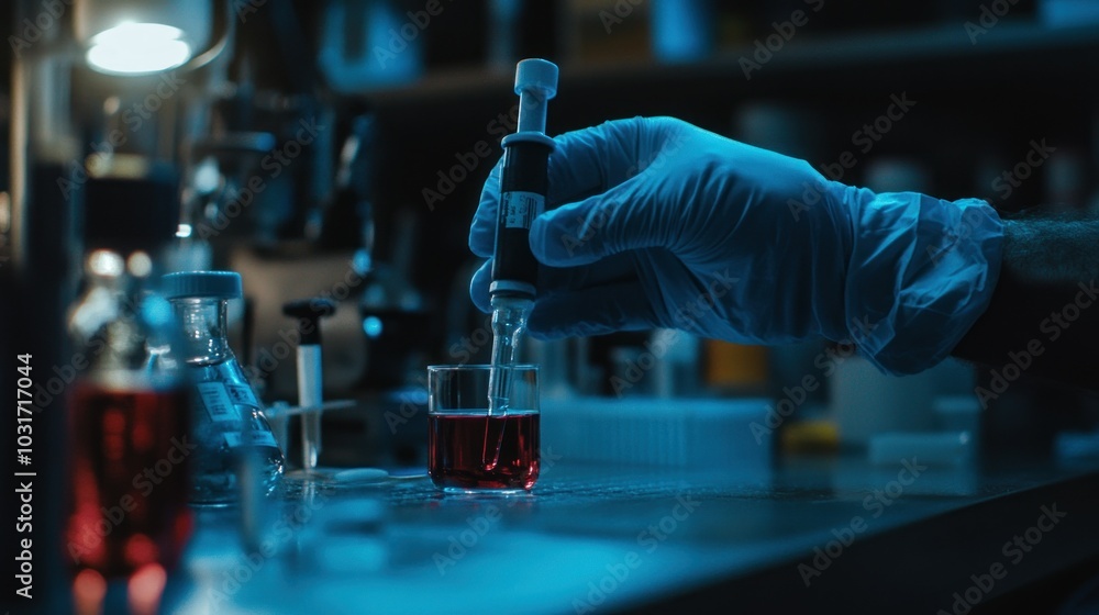 Poster gloved hand using pipette to transfer liquid into glass beaker in a laboratory