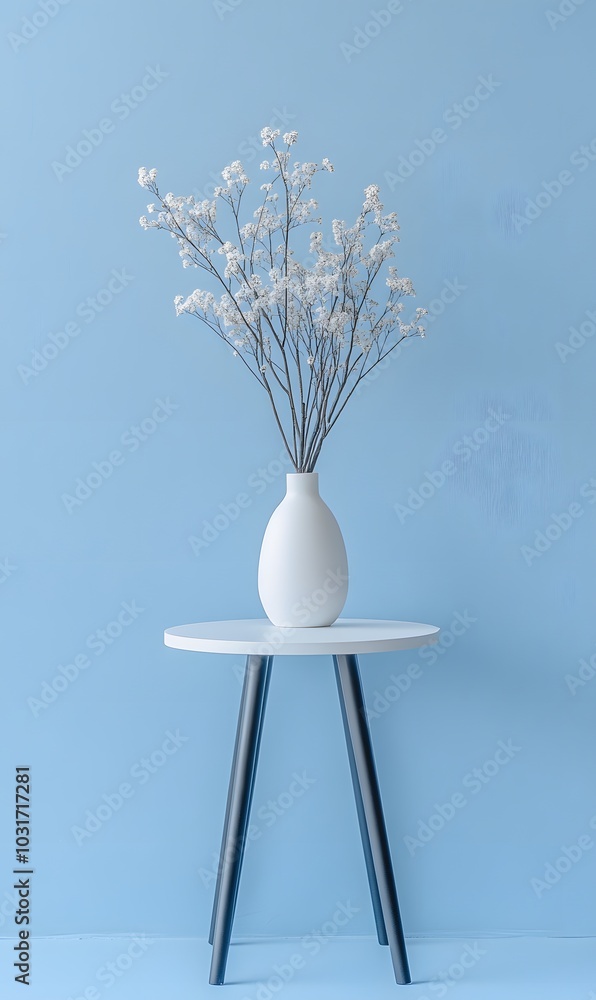 Poster 12. a minimalistic display table on a soft blue background