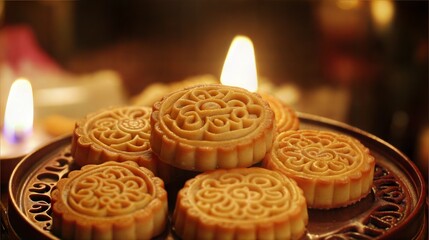 Fototapeta premium Traditional Mooncakes on Plate with Candles in Background - Mid-Autumn Festival Celebration
