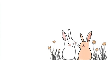 Obraz premium Adorable Hand-Drawn Bunnies with Flowers - Cute Spring Animal Illustration on White Background