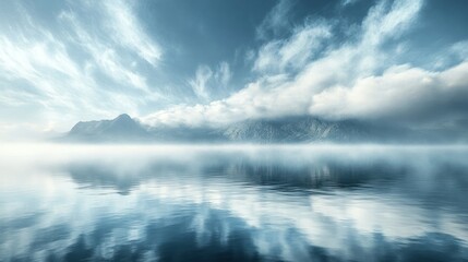 Fototapeta premium Serene Mountain Lake with Fog and Cloud Reflections