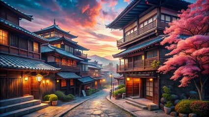 Obraz premium Traditional Japanese Building Architecture in Historical Old Town, Generative AI Artistry Showcasing Cultural Heritage