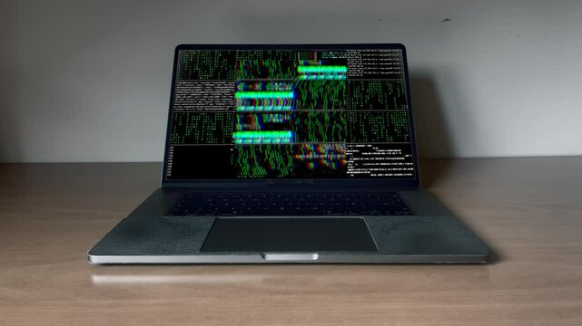 Laptop screen showing glitchy code interface with data and hacking visuals