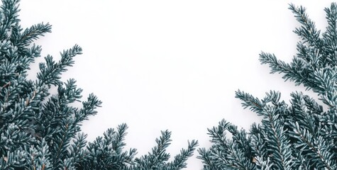 Fototapeta premium A close-up of evergreen branches against a white background, creating a wintery atmosphere.