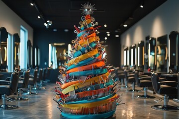 Colorful hair salon Christmas tree decorated with styling tools in a modern beauty studio