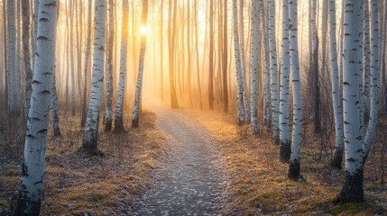 Obraz premium A serene forest path illuminated by sunlight through misty trees.