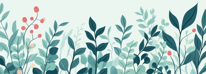 Abstract Floral Pattern with Teal Leaves and Red Berries