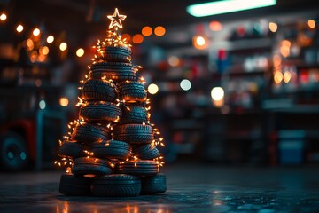 Unique Christmas tree made of stacked tires adorned with lights in a garage during the festive season