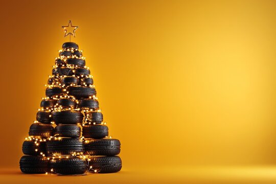 Unique Christmas tree made of stacked tires with glowing lights set against a bright yellow background