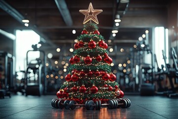 Festive Christmas tree adorned with ornaments and weights in a modern gym setting during the holiday season