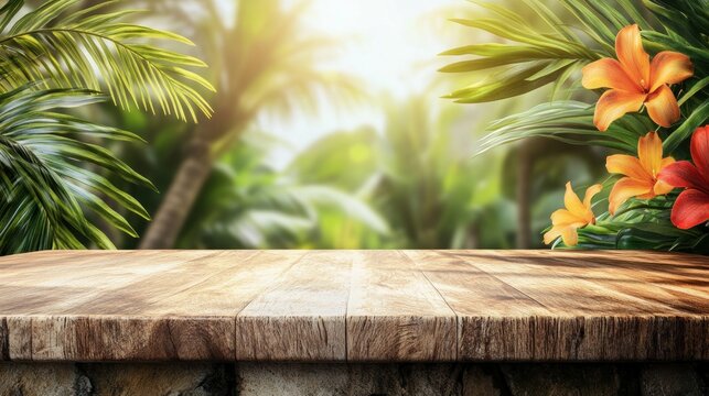 A wooden table in a tropical setting with lush greenery and vibrant flowers.