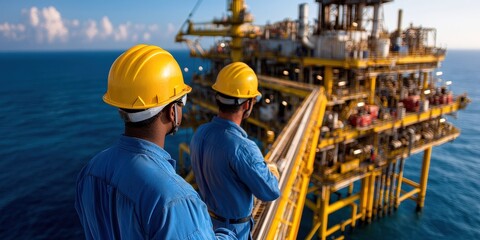 Offshore Oil Rig Workers in Safety Helmets on Platform