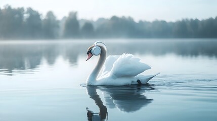 Fototapeta premium Elegant Swan Gliding Across Serene Lake Wearing Headphones in Classical Music Concept