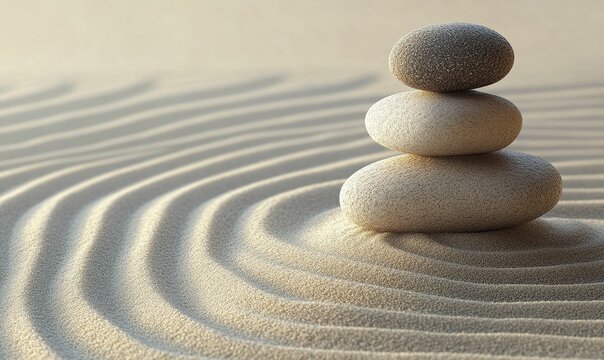 Three stones balanced on rippled sand.