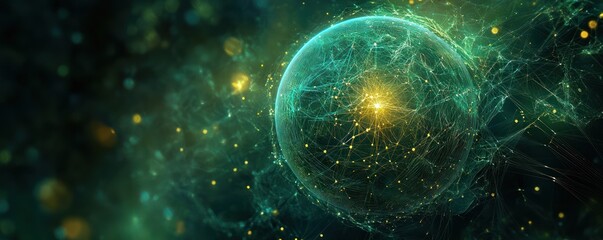 Fototapeta premium Mystical Green Cosmic Sphere Surrounded by Glowing Network and Particles in Space Vision